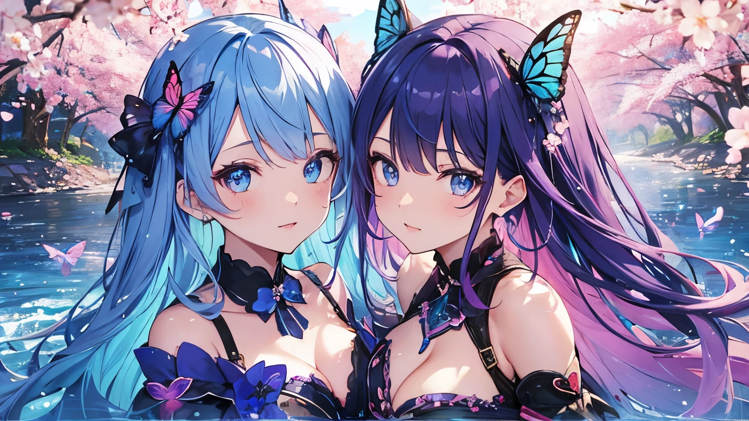 Hearts, cute women with blue and purple hair, blue eyes, multicolored butterflies, water, cherry blossoms 