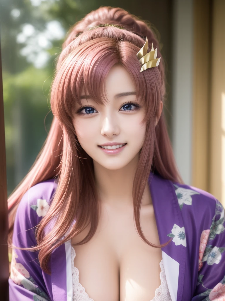 lacusclyne, lacus clyne, (purple eyes:1.1), hair ornament, long hair, wave hair ornament, (pink hair), smile, open mouth,
BREAK floral printed kimono,
BREAK 1girl, 20 years old, Generous Breasts:1.2, Plump shape, 
BREAK looking at viewer, (cowboy shot:1.5),
BREAK outdoors, space, star \(sky\), sun, 
BREAK (Highest quality、4K、8K, masterpiece:1.3), Ultra detailed face, Detailed lips, Detailed eyes, double eyelid, BREAK, (Encouraging smile:1.3), (Seductive pose:1.5), (dynamic pose:1.3), dynamic angle, BREAK, 