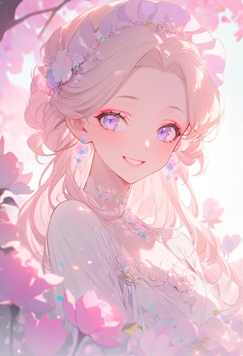( best quality:1.2), 1 Girl, forehead,Solitary, Skin details, Beautiful facial features, fluffy hair,Exquisite makeup, Exquisite eyes, Eye details, he is 20 years old,wearing a beautiful dress,upper body, choker,head dress,Surround her with colorful flowers.(((big smiling))).((milky pastel theme))),kindness,soft focus,white soft lighting,beautiful background,under the tree