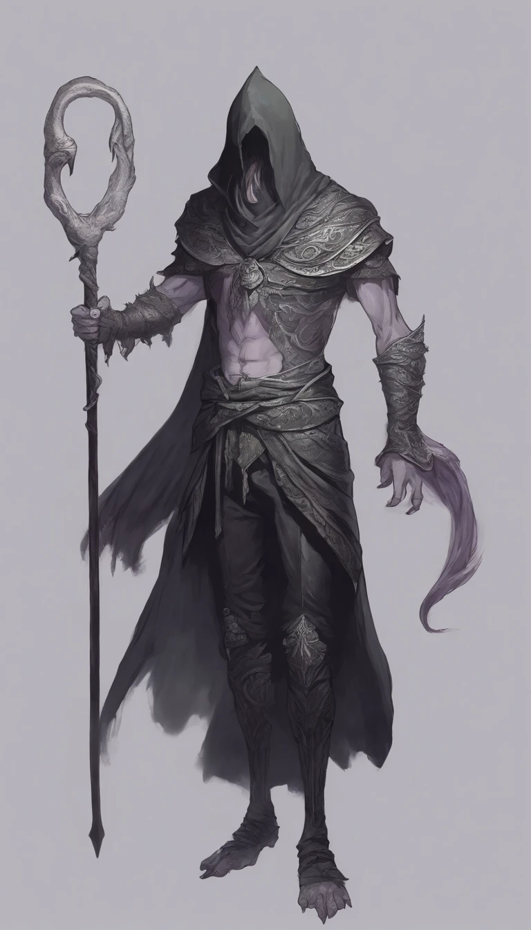 Mind flayer，Inspired by Dungeons & Dragons，Full body concept art illustration of Mind Flayer。The character has human-like proportions，tall、slim and muscular。The character has 4 tentacles extending from its chin，Light purple skin，Almost Blue。The character is dressed in exquisite、Luxurious black academic robes and ornate leather boots。Background is blank