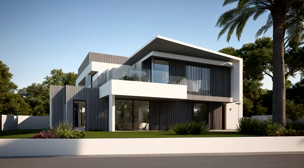 rendering of a modern house with a balcony and a balcony, a 3D render by Sam Black, trending on cg society, conceptual art, precise architectural rendering, architectural rendering, residential, architectural visualization, inter dimensional villa, overall architectural design, high quality rendering, architectural render, exterior design, concept house, architectural 3 d render, ultra modern, very realistic 3 d render