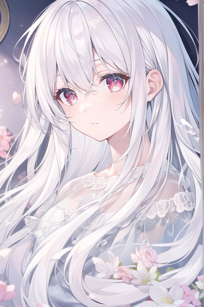 ((masterpiece, best quality))++, Detailed lighting+, Detailed hair+, Detail hand+ ,1 girl, Miss, Long hair, Crimson eyes, beautiful eyes, young white hair,,(Beautiful white hair:1.5),(Beautiful and delicate eyes), high resolution+,glass tint, Reflective eyes, {{angle}} , Very detailed wallpaper, The original, Air bangs,Extremely beautiful CG,