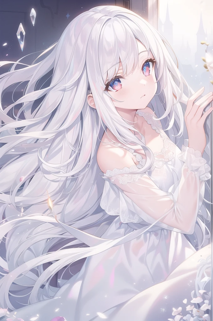 ((masterpiece, best quality))++, Detailed lighting+,  Detailed hair+, Detail hand+ ,1 girl, Miss, Long hair,   Crimson eyes,  beautiful eyes, young white hair,,(Beautiful white hair:1.5),(Beautiful and delicate eyes),  high resolution+,glass tint, Reflective eyes,   {{angle}} , Very detailed wallpaper, The original, Air bangs，Extremely beautiful CG，
