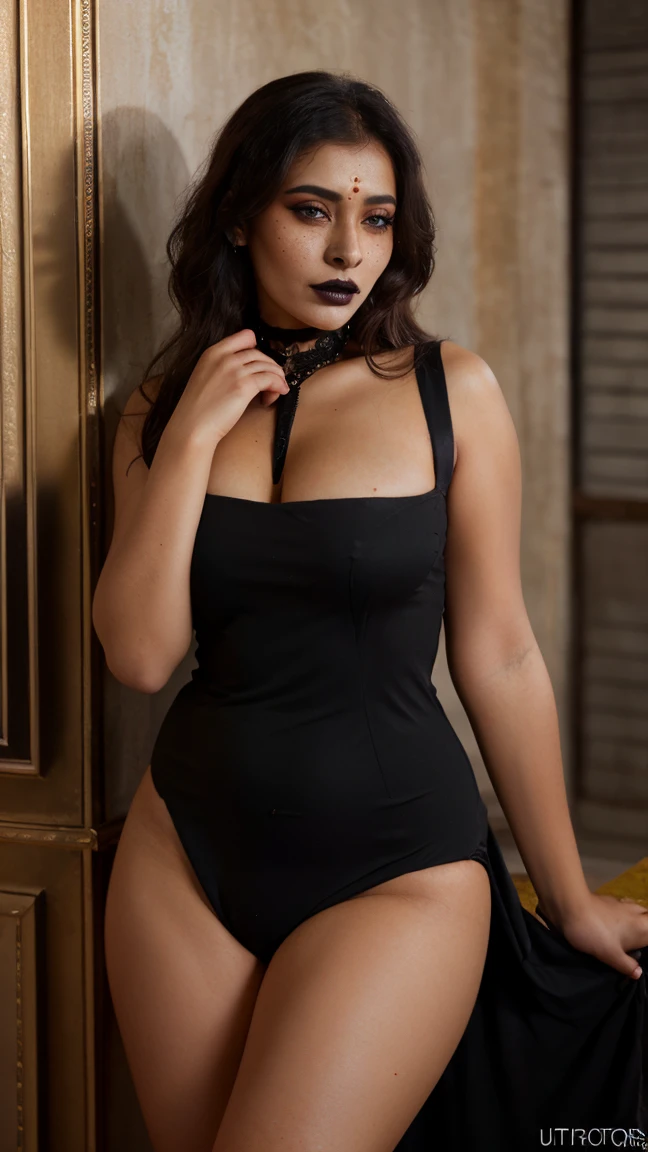 (best quality, hyperdetailed photography:1.2), beautiful indian lady, ((dark black lipstick)), freckles, gothic makeup, soft light, curvy figure, head and breast portrait, cover, (detailed beautiful face, detail skin texture, ultra-detailed body:1.1) sexy vampire women, full body  ((open legs, camel toes)) with black elegant and sexy dress