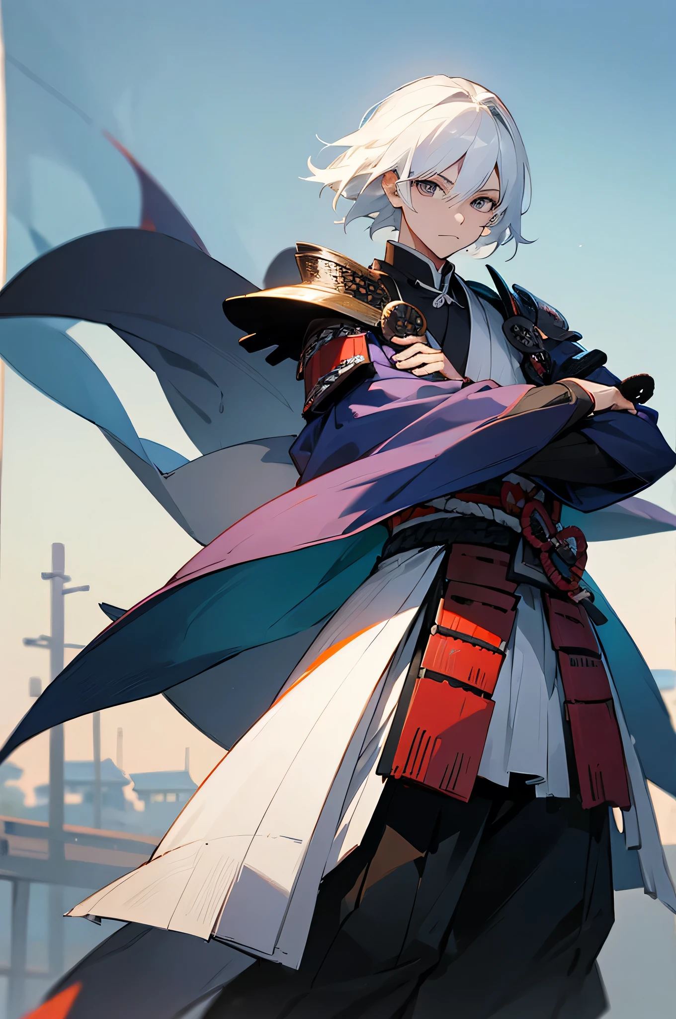 Young Adult, male, samurai Clothing, Standing pose, Town background. white hair, samurai armor