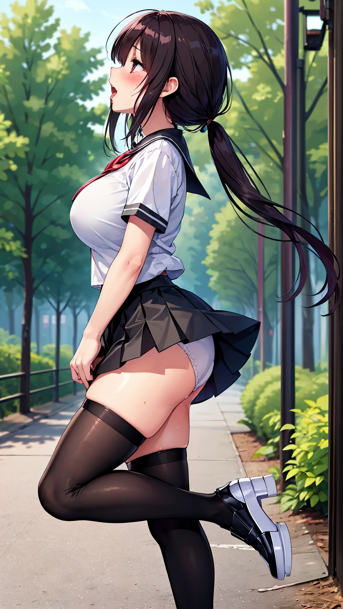 Highest quality,masterpiece,8K,1girl,((li,big breasts,liirl:1.3)),((orgasm,blush,:1.3)),((long hair,low twintails)),hair ribbon,sweat,Shiranui Mizuki,((school uniform,white shirt,black skirt,Miniskirt,lift skirt,upskirt,black panties,lace panties)),black thighhighs,forest,forest林,((((walking)))),((from side:1.1))