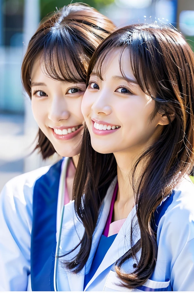 Dental hygienist, only two women 横並び smile Whiteの医療スクラブ着用 日本人 黒髪 20代前半女性 Upper body close-up high resolution high resolution Highest quality smile Shooting outside White Nurse uniform