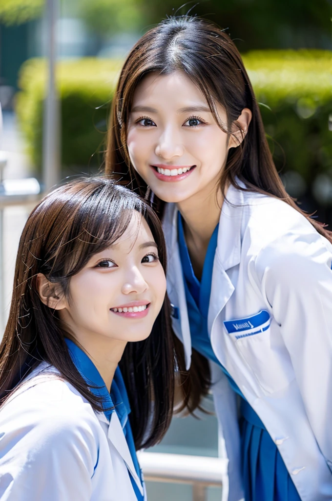 Dental hygienist, only two women　横並び smile Whiteの医療スクラブ着用 日本人 黒髪 20代前半女性　Upper body close-up　high resolution　high resolution　Highest quality　smile　Shooting outside　White　Nurse uniform