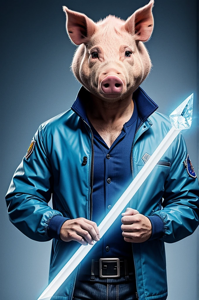 A pig wearing a blue jacket holding a diamond sword
