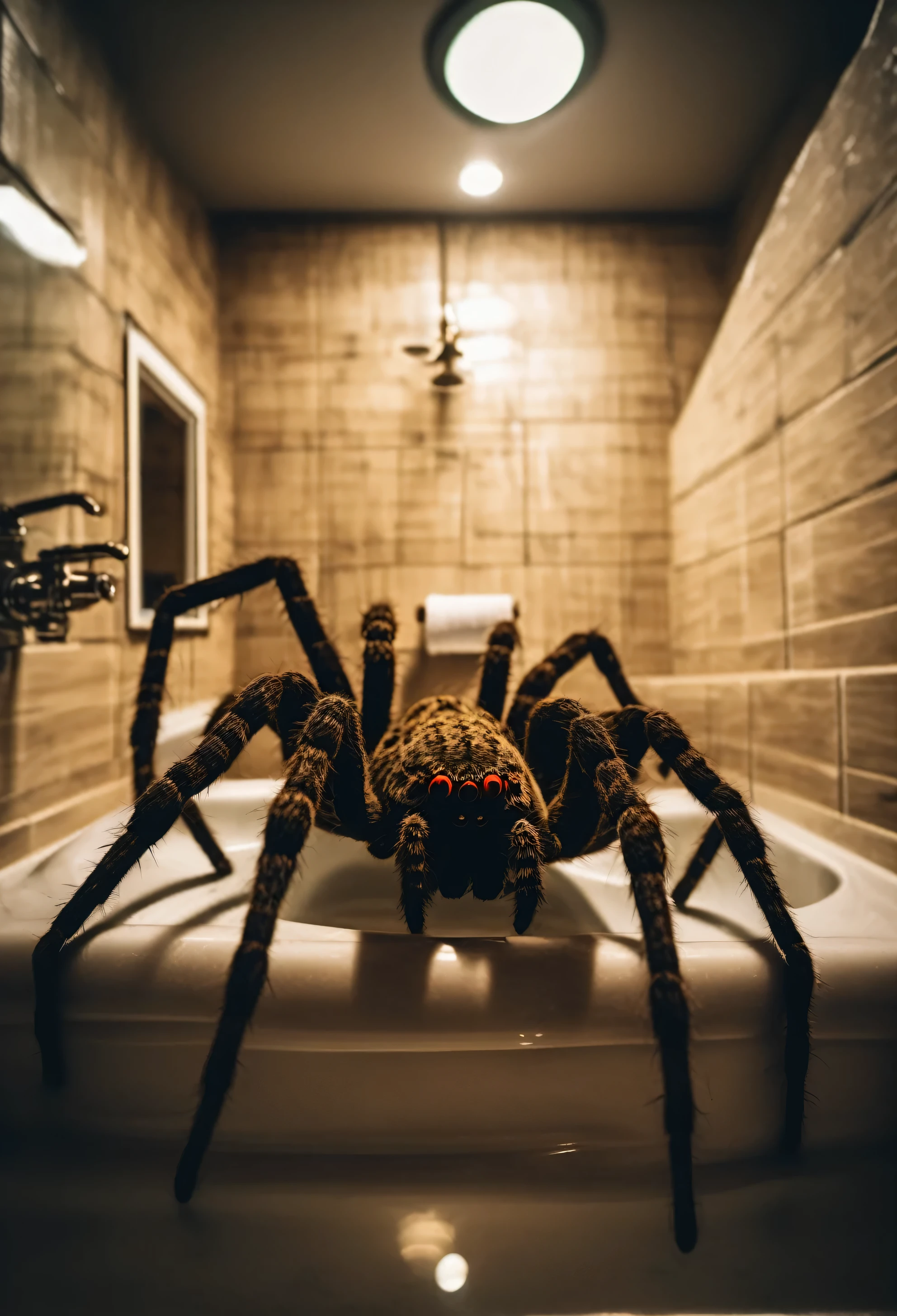 Real photo of giant ab0m monster spider ((in bathroom)), scary, scary many eyes, detailed, horror, weird, silhouette lighting, photo actual, realistic, depth of field, blurred background, 80s horror cloth Movie stills, nostalgic scare movies