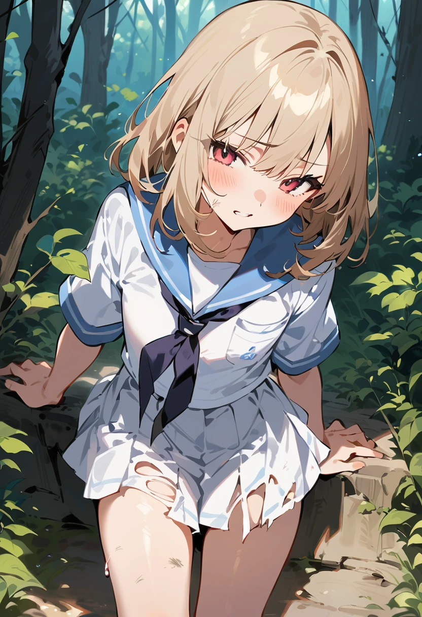 beautiful detailed girl,(masterpiece,best quality,extremely detailed:1.2),((cowboy shot:1.1)),(solo,10 years old,kawaii,slender,small breasts:1.25),(pained look:0.8),((white underwear) in ((Torn school uniform)):2),(dirty:2),blush,shy,weep,standing,(deep forest:1.5),(hug:0.4),rating: general, newest,Sexy face