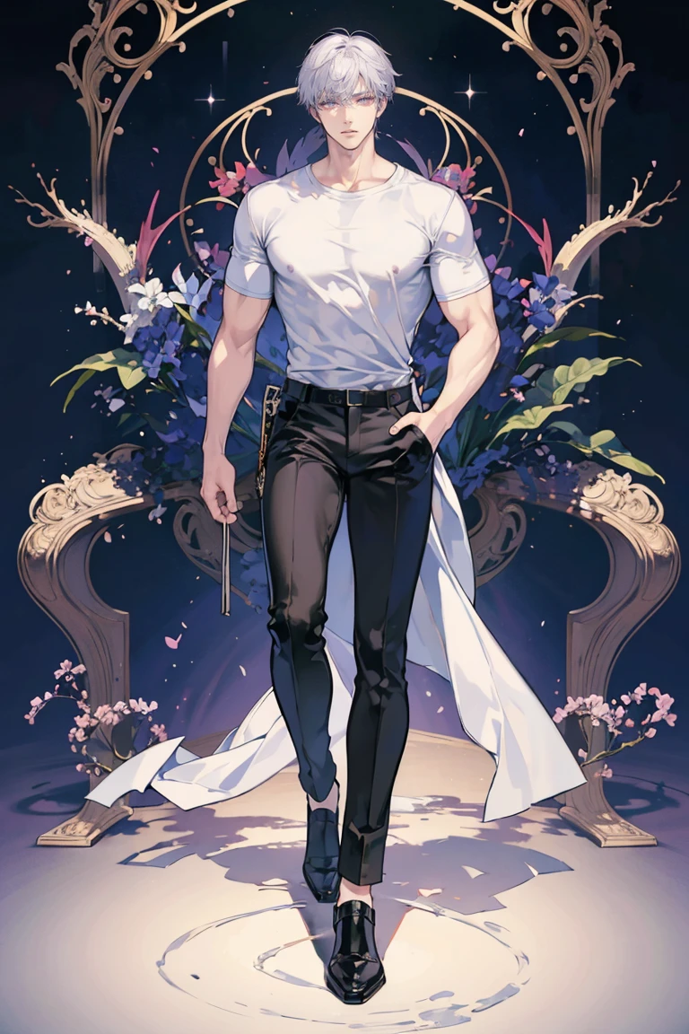 anime - (masterpiece), best quality, seductive eyes, mature face, purple eyes, middle part haircut, short length white hair, black compression t-shirt, black pants, tall man, long legs, masculine, broad shoulders, big muscles, adult-like, full body, both hands on his pockets