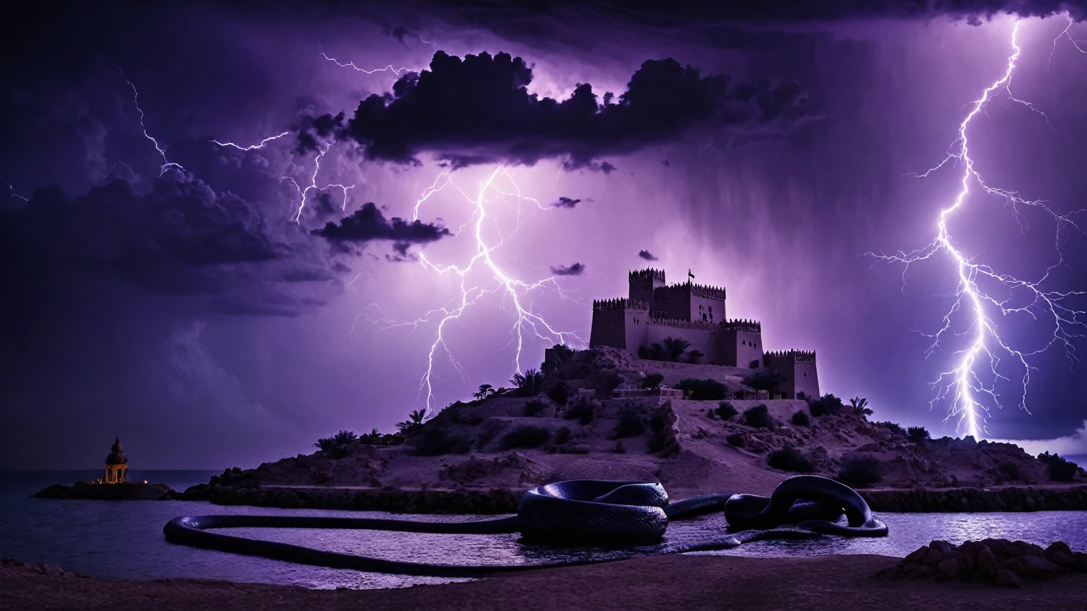 darkest atmosphere, dark purple & black storm clouds during the night, darkness, lightning, Citadel with a giant Snake statue on a isolated island, middle eastern, background