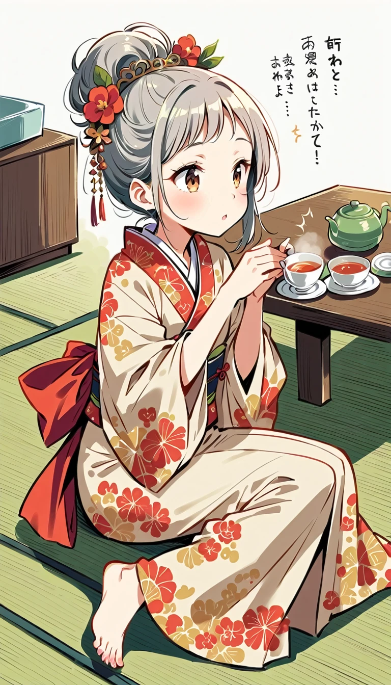 white background, Fujichoco style, kimono, gray hair, tatami, table, Tea ceremony etiquette, simple background,Simple line initialism, 18 year old girl, (((The Most Beautiful Girl))), full body,