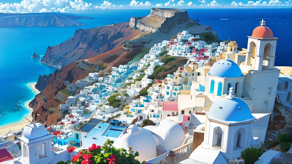 (resort town of Santorini), which is in Greece, (((the beach and white houses are visible))). (((single image)))