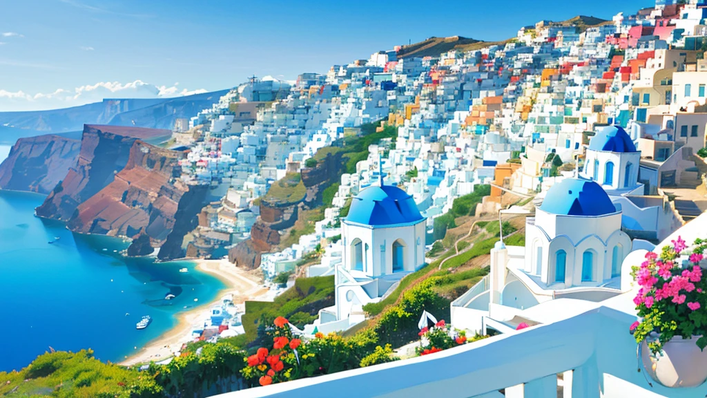 (resort town of Santorini), which is in Greece, (((the beach and white houses are visible))). (((single image)))