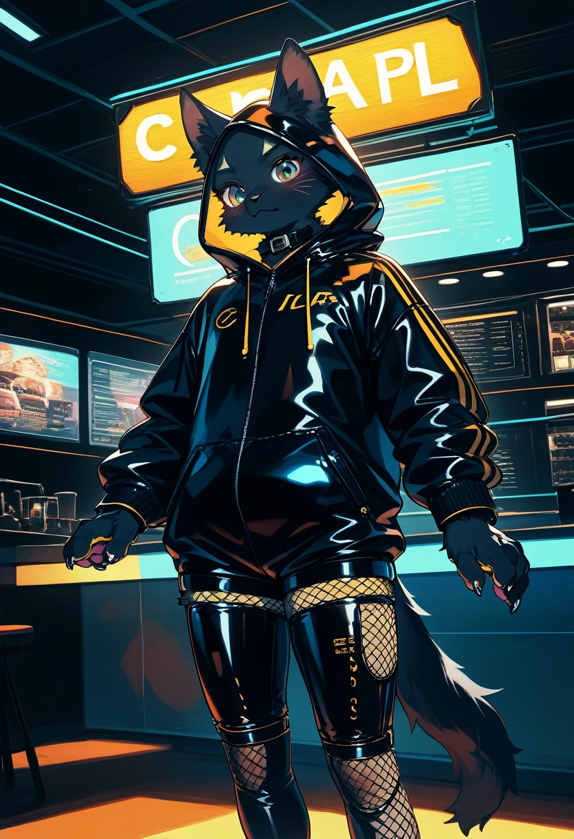 Highest quality, Highest quality, High quality illustrations, masterpiece, Ultra-high resolution, Detailed Background, cyber cafe, Absurd, Perfect Anatomy, performance, Good lighting, Shadows in the movies(kemono, Furry Personification), cat, Black Skin, Rubber suit, Rubber suit, latex, neon, neonライト, neonカラー, Fishnet tights, Rubber Hoodie, Embarrassed, male, juvenile