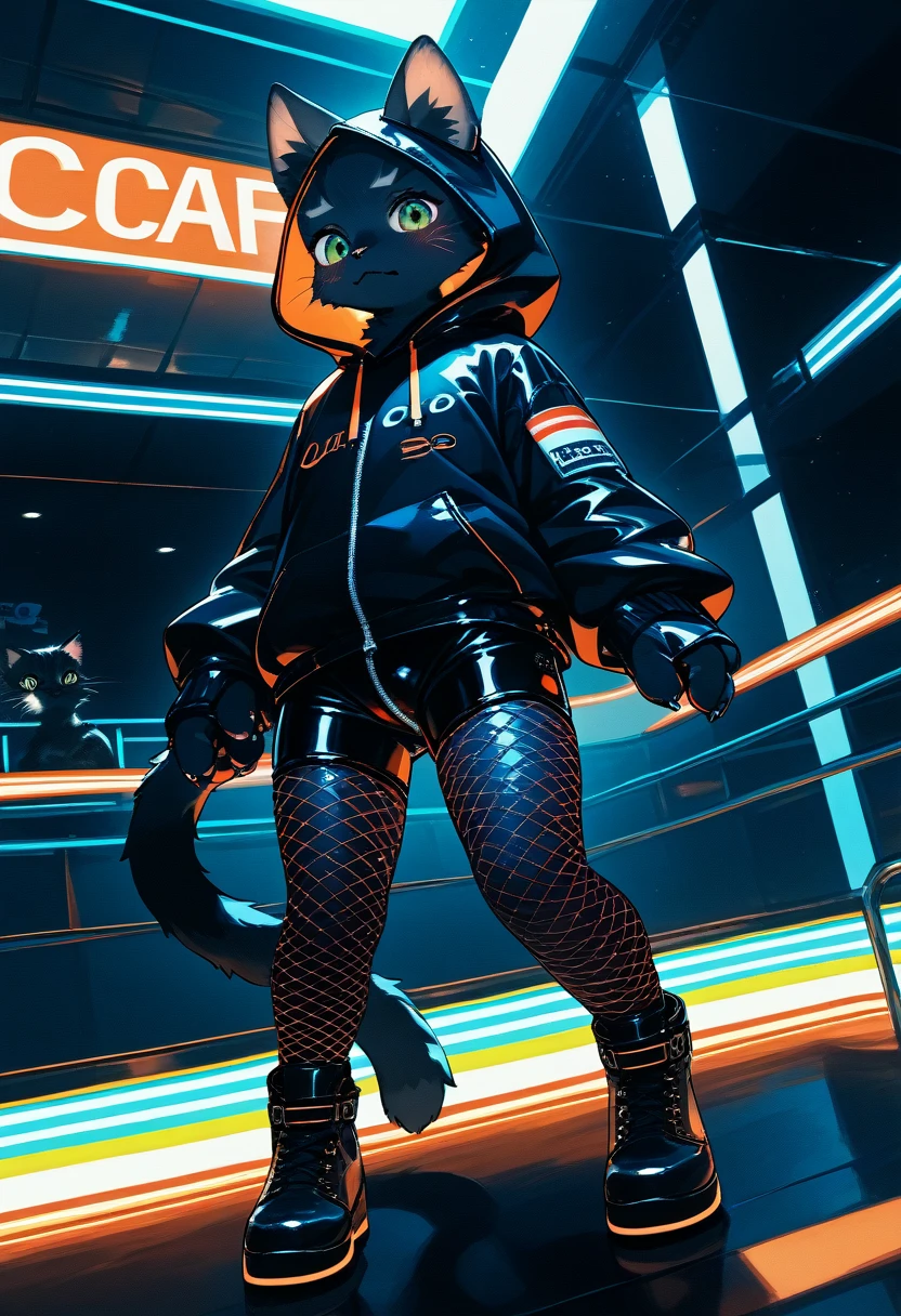 Highest quality, Highest quality, High quality illustrations, masterpiece, Ultra-high resolution, Detailed Background, cyber cafe, Absurd, Perfect Anatomy, performance, Good lighting, Shadows in the movies(kemono, Furry Personification), cat, Black Skin, Rubber suit, Rubber suit, latex, neon, neonライト, neonカラー, Fishnet tights, Rubber Hoodie,  Embarrassed, male, juvenile