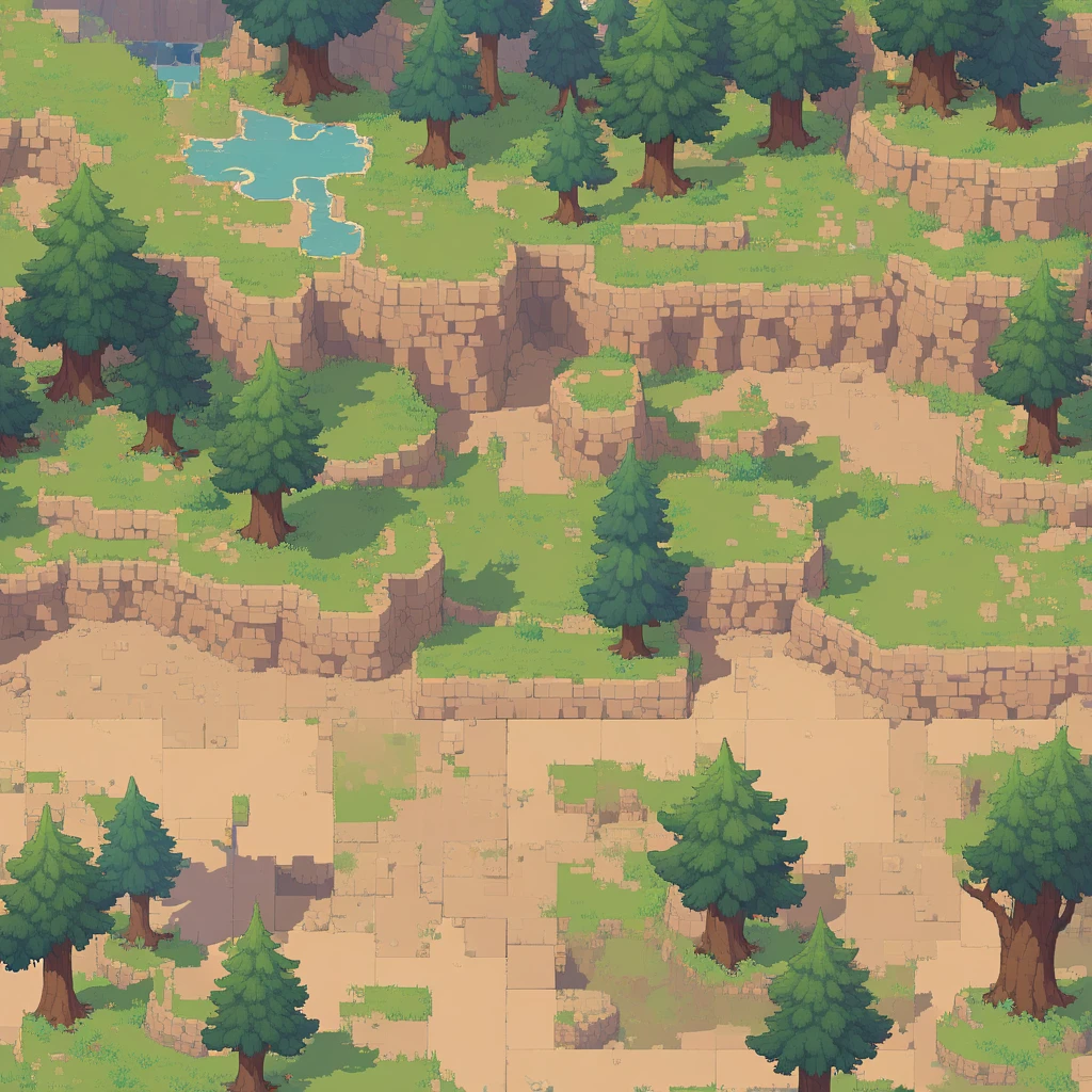 retro video game style,pixelated, vibrant pastel colors,8-bit characters,blocky shapes,sharp lines,detailed shading,classic gaming vibe,nostalgic atmosphere,classic arcade games,masterpiece:1.2,ultra-detailed,illustration style, 2d texture, stone texture, 4 k seamless mud texture, video game texture, dirt texture, tileset, game tiles, grass, 3/4th perspective trees, 3/4th perspective tileable rock texture, 3/4th perspective tileable cliff formations, tileable trees, topdown view, game texture, game art, tileable texture, very detailed cliff texture, intricate stones, top down view, 3/4th perspective
