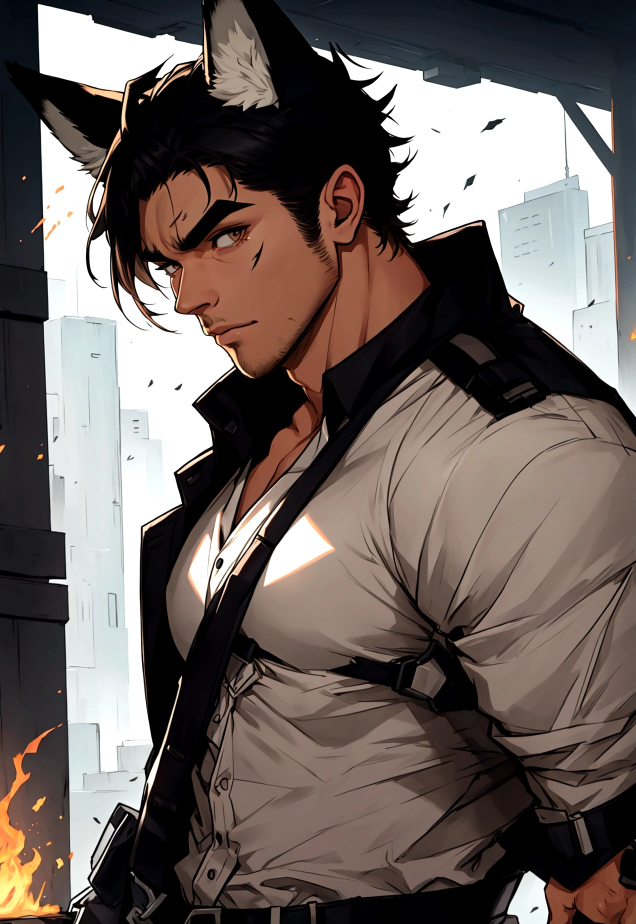 man, thick eyebrows, handsome, short hair, fox ears, injured, body