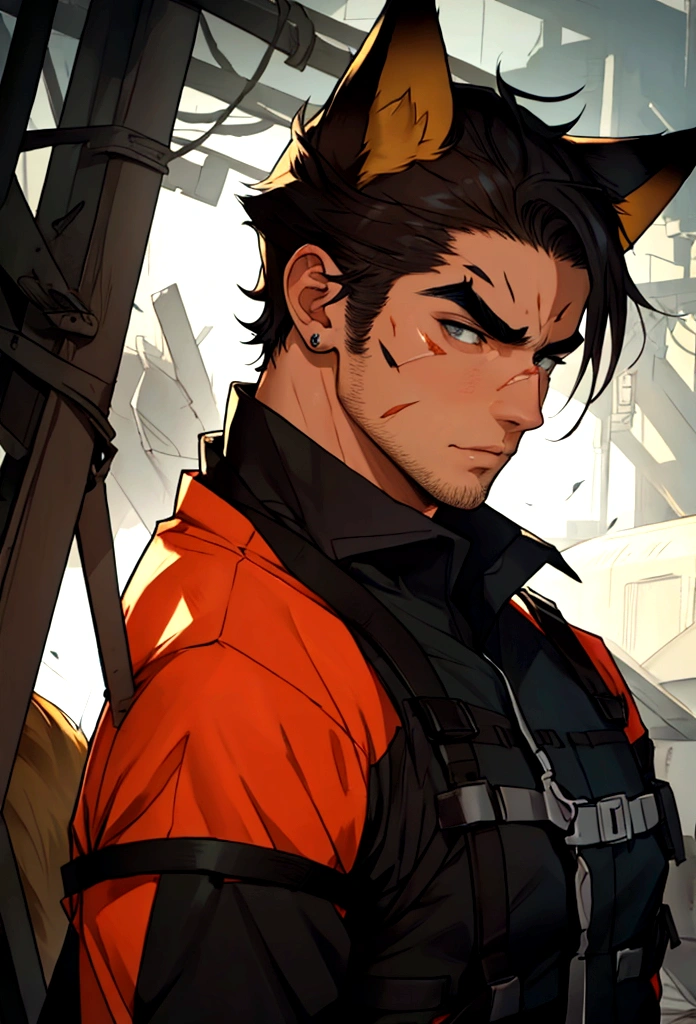 man, thick eyebrows, handsome, short hair, fox ears, injured, body 