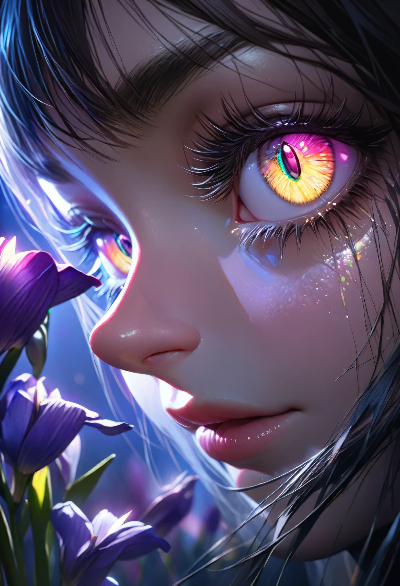 (best quality,Extremely detailed,Reality:1.37),(Realistic lighting),(Vibrant colors),(Clear focus),(Extremely detailed的描述),
(Surrealist eyes),(close up),(Only see the eyes),(long dark eyelashes),(Shining pupils),(Glow-emitting iris)