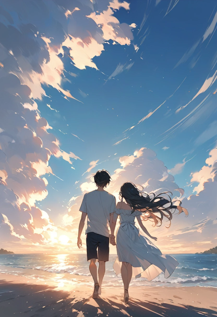 Photo quality, real-life image, 4K, Japanese cute model couple in swimsuits, the man is wearing a T-shirt, I can hear the sound of waves, the summer wind is blowing, you and I are here, your smile is dazzling, holding hands on the sand, we started running down this road, in the distance the blue sea makes my heart leap, the summer wind sways, carrying our dreams, continuing on and on, under the shining sun, that day we split the watermelon, I will never forget your smile, it's so sad, holding on to the memory of summer, the shadow of summer fading away, the road we walked together, the days I spent with you melt into my heart, the summer wind sways, carrying our dreams, continuing on and on, under the shining sun