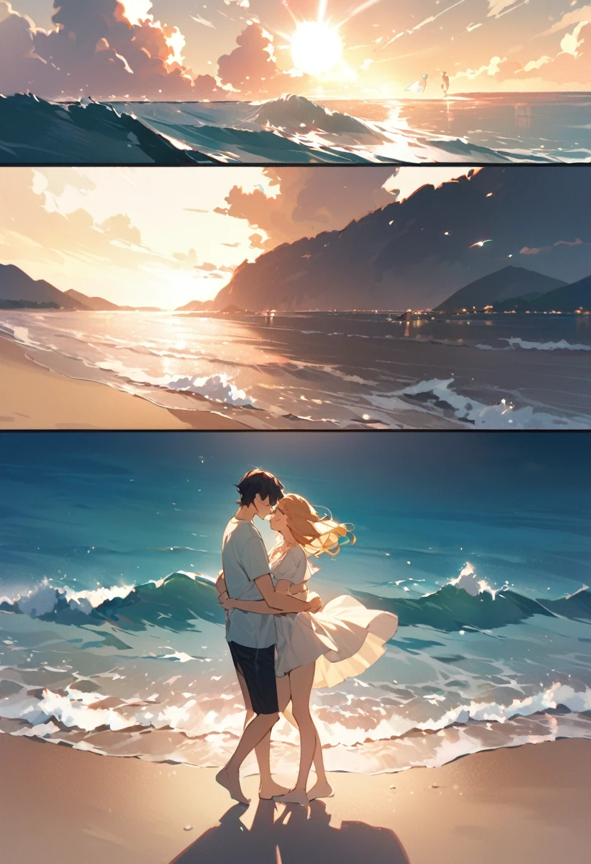 Photo quality, real-life image, 4K, Japanese cute model couple in swimsuits, the man is wearing a T-shirt, I can hear the sound of waves, the summer wind is blowing, you and I are here, your smile is dazzling, holding hands on the sand, we started running down this road, in the distance the blue sea makes my heart leap, the summer wind sways, carrying our dreams, continuing on and on, under the shining sun, that day we split the watermelon, I will never forget your smile, it's so sad, holding on to the memory of summer, the shadow of summer fading away, the road we walked together, the days I spent with you melt into my heart, the summer wind sways, carrying our dreams, continuing on and on, under the shining sun
