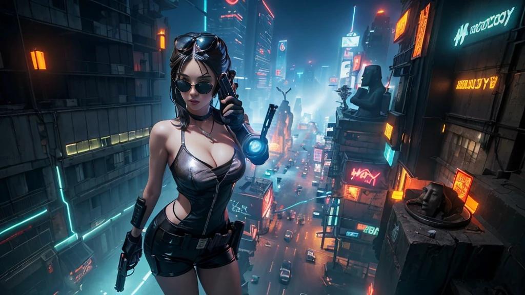 At night, dark sky, aerial view of fantasy cyberpunk style ((Moai-statue)) city, ((flying vehicle)). ((1girl, solo, alone)), photo realistic, medium-breast:1.1 slim body, cleavage, sexy clothes, (black sunglasses), (((hip-up standing and pistol aiming pose))), half-body thigh level medium shot, cinematic lighting.