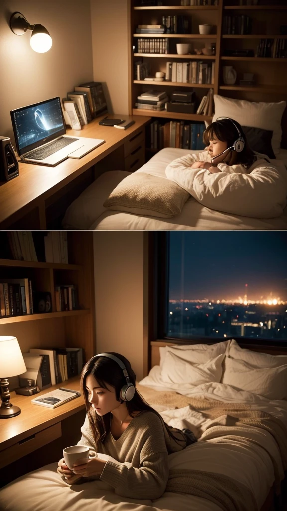 room、Computer screen、night景、Woman wearing headphones、night、Stylish、Calm atmosphere、Coffee cup、暗いroom、Bookshelf、relax、
