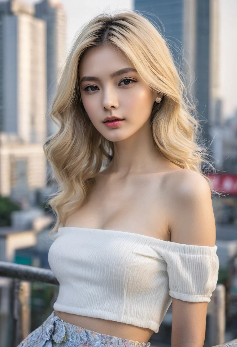 (((European Caucasian Woman)))、(((Mary, 18 years old)))、one person、(Thin contours、grey Eye)、(Thin contours)、(Big Breasts:1.5)、Narrow waist、(((White and translucent skin:1.3)))、Beautiful, shiny blonde medium-long hair、8-head-tall model style、Waist-down angle、Tokyo city、Full body focus