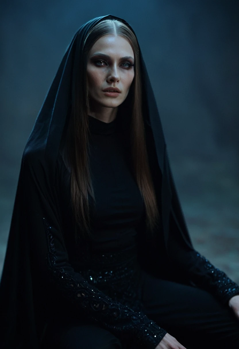 Fashionable of androgynous alien looking witch wearing veil, glowing eyes, beautiful evil slavic muscular woman, pale skin, long hair, futuristic design, minimal details, givenchy, photoreal, 200mm, hd, f/ 2.0, highly detailed, surreal, sitting, light smile, simple black stylish clothes, a slight smiledrop dead, in the style of red and blue, (intricate details, hyperdetailed:1.15) (skin texture:1.2), cinematic, professional, 4k, (((dynamic model pose))), sitting, full body, mesmerizing, dynamic, dramatic, dynamic pose, highly detailed skin with hair, subcutaneous veins, light and shadow play, highly detailed,24mm photograph, bokeh, professional, 4k,