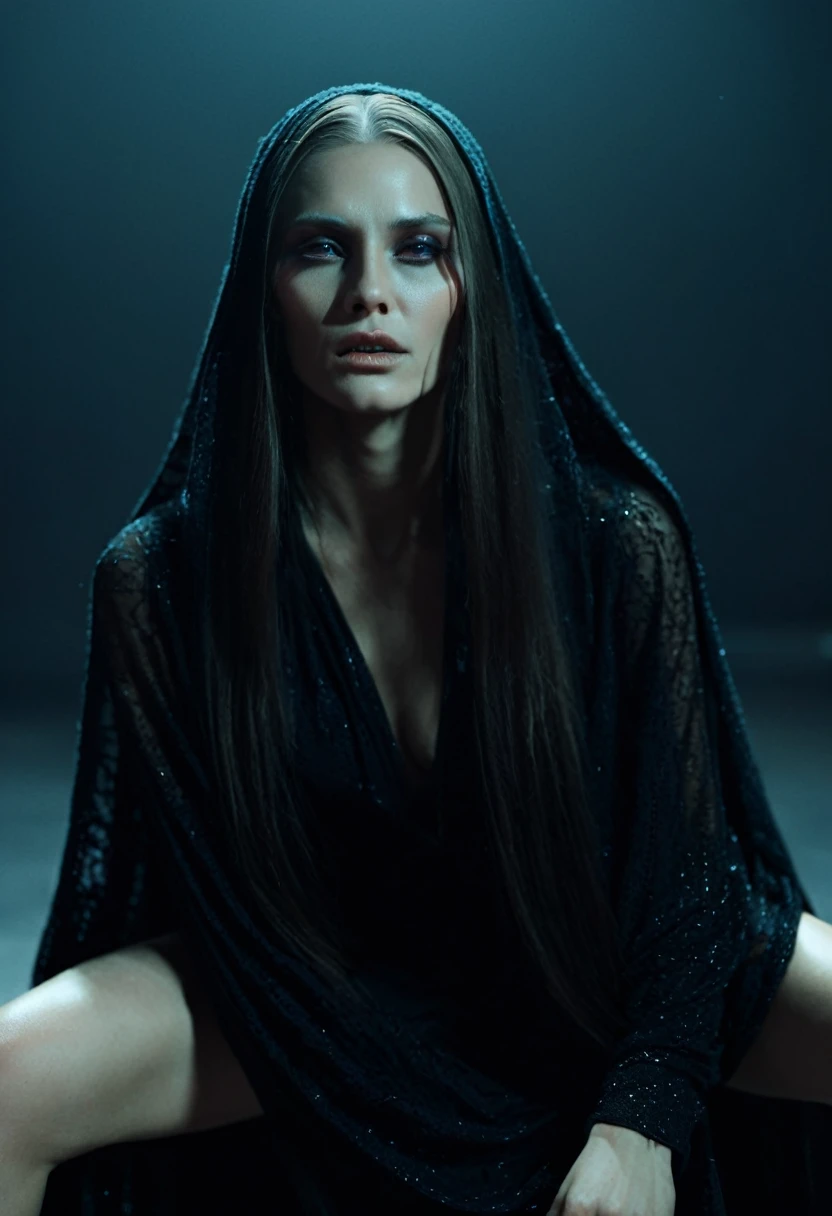 Fashionable of androgynous alien looking witch wearing veil, glowing eyes, beautiful evil slavic muscular woman, pale skin, long hair, futuristic design, minimal details, givenchy, photoreal, 200mm, hd, f/ 2.0, highly detailed, surreal, sitting, light smile, simple black stylish clothes, a slight smiledrop dead, in the style of red and blue, (intricate details, hyperdetailed:1.15) (skin texture:1.2), cinematic, professional, 4k, (((dynamic model pose))), sitting, full body, mesmerizing, dynamic, dramatic, dynamic pose, highly detailed skin with hair, subcutaneous veins, light and shadow play, highly detailed,24mm photograph, bokeh, professional, 4k,