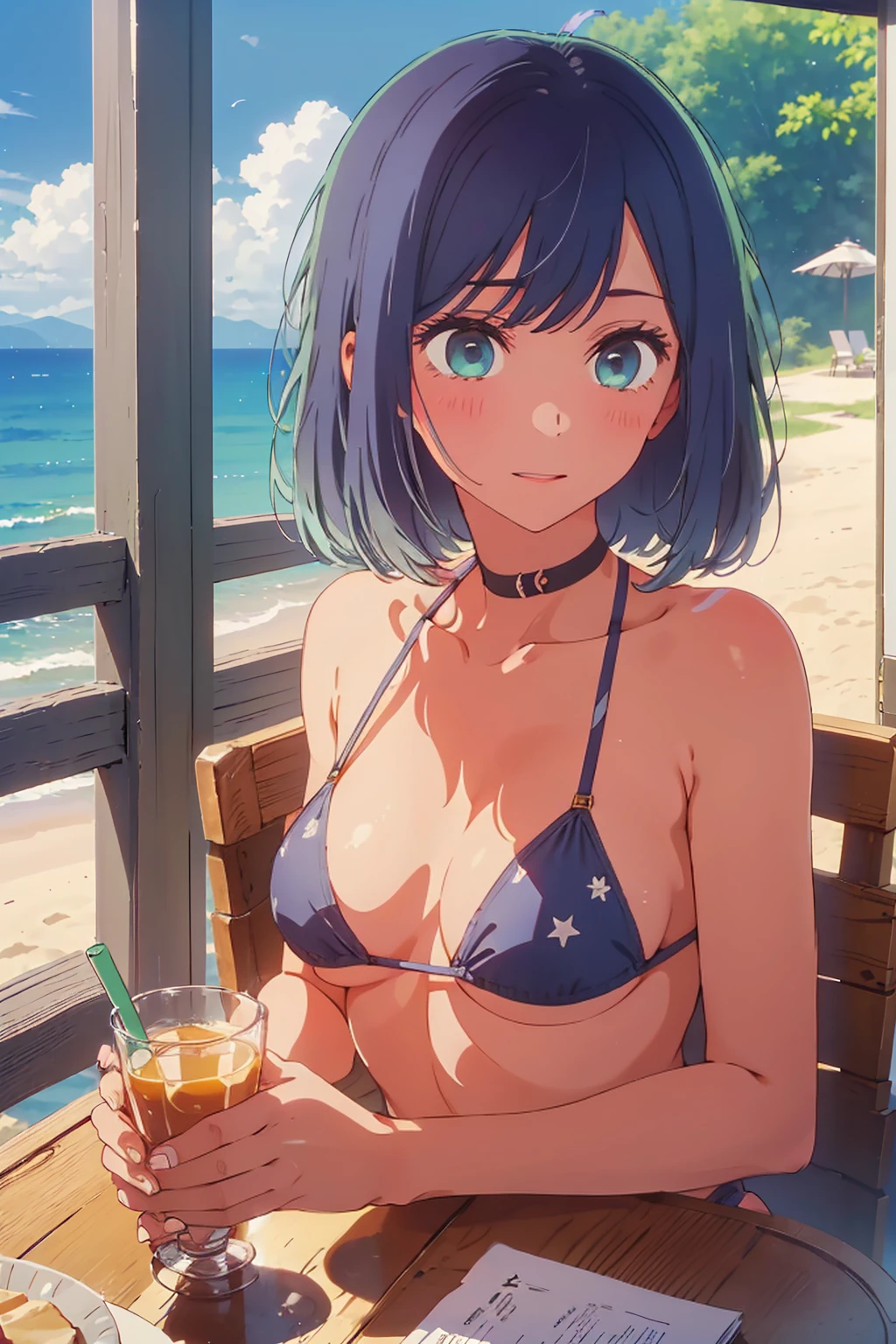 (Highest quality:1.4、masterpiece:1.4、Super detailed:1.4、8K:1.4)、((((1 person、Surprised expression、sit、Outdoor café terrace、coastal、juice、table、Sandy Beach、juiceのグラスを持つ、Plain Bikini、Very soft boobs、Big eyes、Very cute face))))、(moonlight:1.4、at midnight:1.4)、F cup bust、Medium breast、Underboob、Sideboob