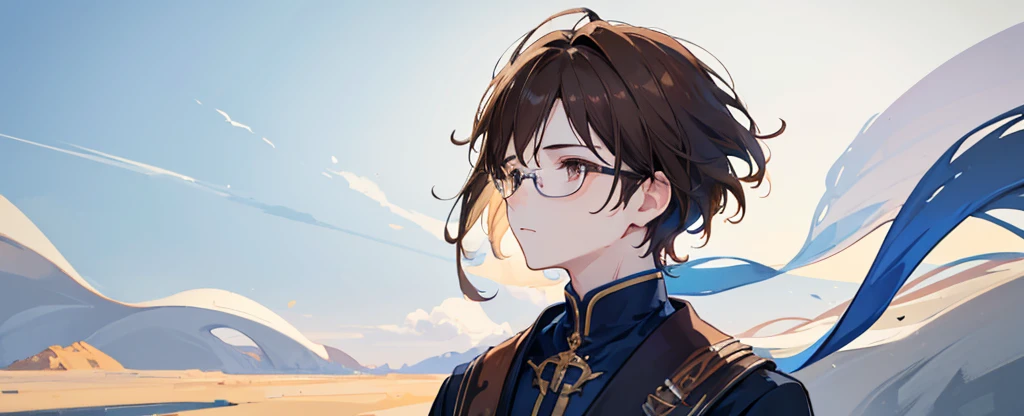 1boy,Brown hair,high light, Brown eyes, high quality, gradient blue background, light atmosphere, dreamy atmosphere, half body photo, pale colors,glad, delightful, glasses, landscape, facial profile, male, --ar 1:1 --v 5.2