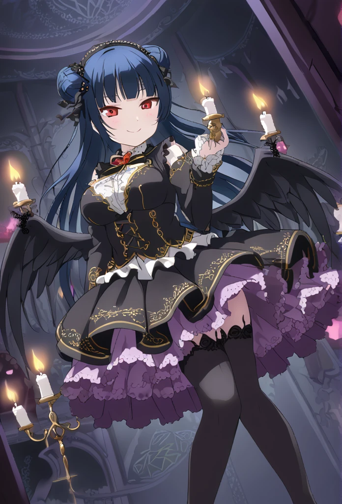 Yoshiko Tsushima Blue Hair Red Eye Semi-long hair Right bun hairstyle Gothic ta Fashion Black wings stockings magic circle smile Large Breasts Dark Room night Candle