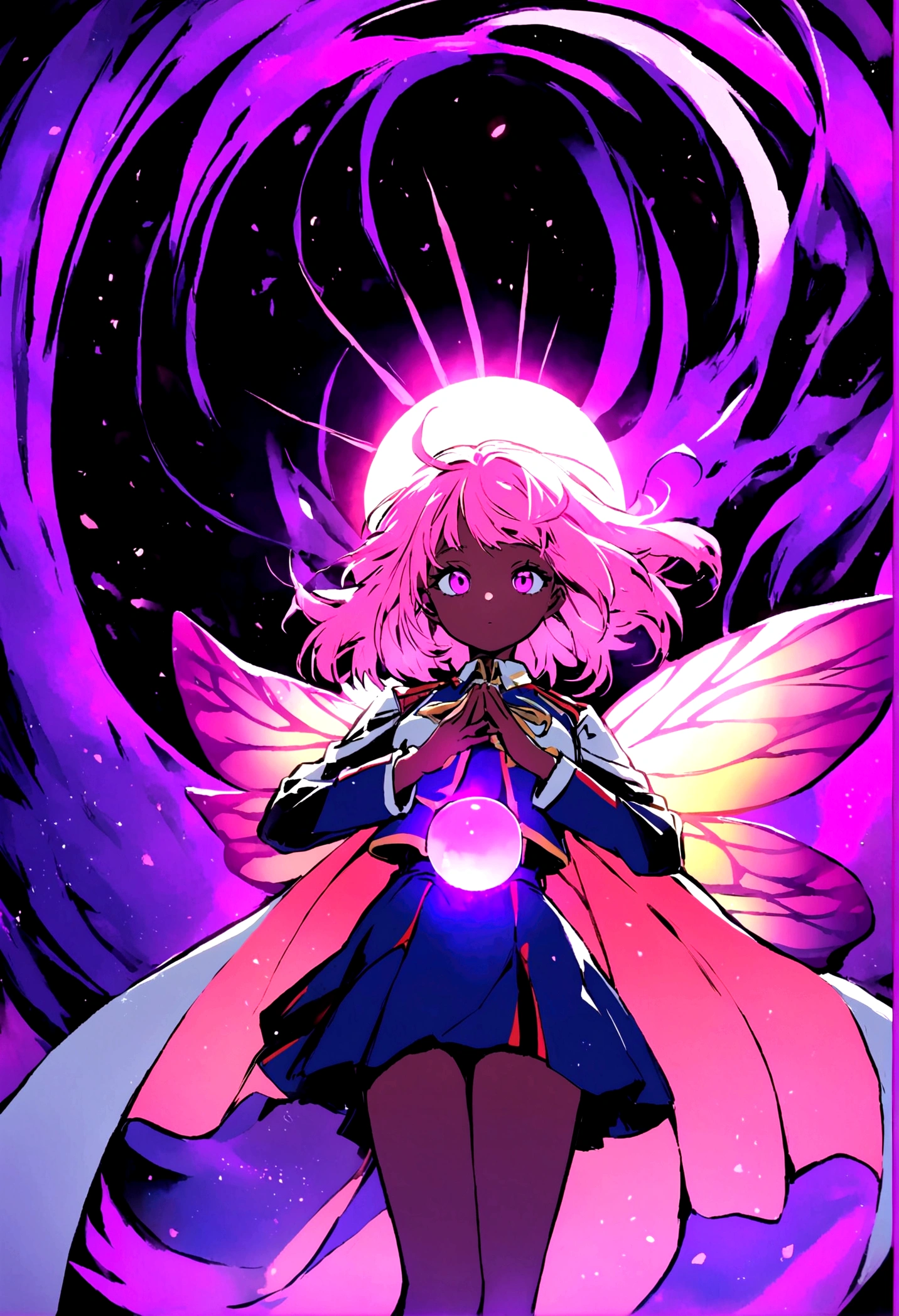 Long pink hair girl, with a dark complexion in the style of my hero academi with this uniform. with fairy wings and around her a purple aura and behind her the sun. In his hands is a sphere of sunlight