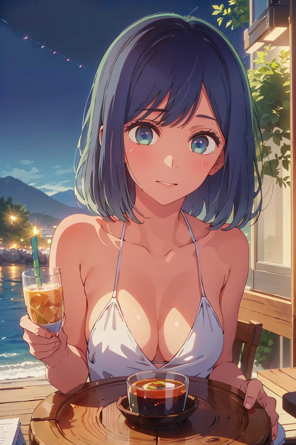 (Highest quality:1.4、masterpiece:1.4、Super detailed:1.4、8K:1.4)、((((1 person、Surprised expression、sit、Outdoor café terrace、coastal、juice、table、Sandy Beach、juiceのグラスを持つ、Plain Bikini、Very soft boobs、Big eyes、Very cute face))))、(moonlight:1.4、at night:1.4)、F cup bust、Medium breast、Underboob、Sideboob