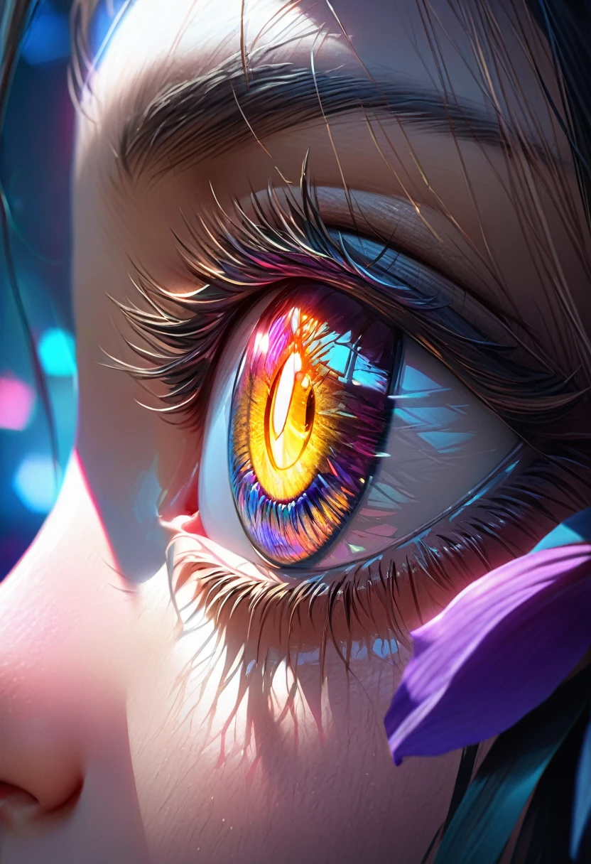 (best quality,Extremely detailed,Reality:1.37),(Realistic lighting),(Vibrant colors),(Clear focus),(Extremely detailed的描述),
(Surrealist eyes),(close up),(Only see the eyes),(long dark eyelashes),(Shining pupils),(Glow-emitting iris)