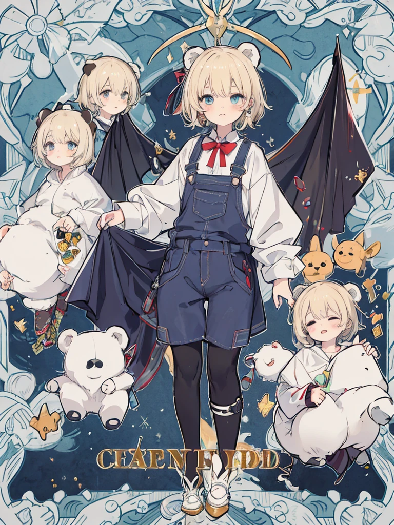 short cute male, very pale skin, beautiful eyes, perfect hands, one eye red one eye pink, long legs, narrow waist, perspective, neck-length blonde hair with pale pink tips, perfect hands, male, fluffy bear slippers, crossed bangs, vivid colors, best quality, high quality, short messy wavy hair, oversized brown bear onesie, loose sleeves, pale blue jean shorts, striped knee high socks, earring on left ear, fangs, :3, smug, (CHARACTERSHEET:1) (MULTIPLE VIEWS FULL BODY UPPER BODY REFERENCE SHEET:1)