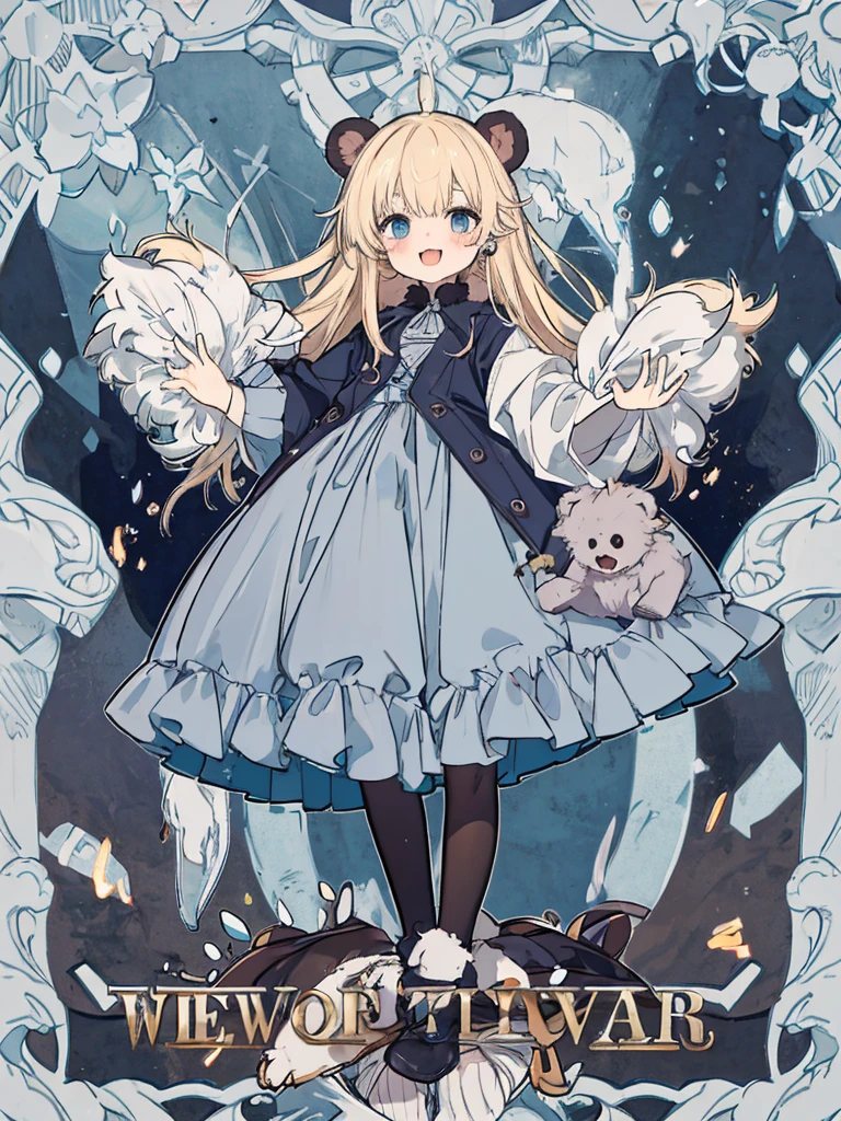 short cute male, very pale skin, beautiful eyes, perfect hands, one eye red one eye pink, long legs, narrow waist, perspective, neck-length blonde hair with pale pink tips, perfect hands, male, fluffy bear slippers, crossed bangs, vivid colors, best quality, high quality, short messy wavy hair, oversized brown bear onesie, loose sleeves, pale blue jean shorts, striped knee high socks, earring on left ear, fangs, :3, smug, (CHARACTERSHEET:1) (MULTIPLE VIEWS FULL BODY UPPER BODY REFERENCE SHEET:1)
