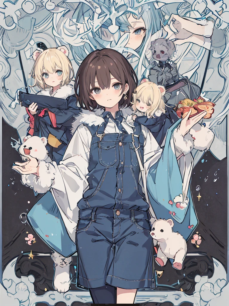 short cute male, very pale skin, beautiful eyes, perfect hands, one eye red one eye pink, long legs, narrow waist, perspective, neck-length blonde hair with pale pink tips, perfect hands, male, fluffy bear slippers, crossed bangs, vivid colors, best quality, high quality, short messy wavy hair, oversized brown bear onesie, loose sleeves, pale blue jean shorts, striped knee high socks, earring on left ear, fangs, :3, smug, (CHARACTERSHEET:1) (MULTIPLE VIEWS FULL BODY UPPER BODY REFERENCE SHEET:1)