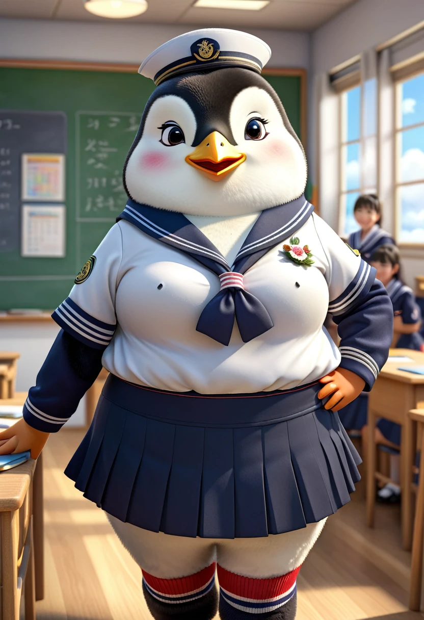 photorealistic portrait of Dressed animals-a ((fat)) (penguin) student,(furry), (elegant pose:1.5), (hands on hips:1.5),(smile:1.5),high quality,(),(lovely) ,intricate details, Wearing Japanese sailor uniform , (short skirt), highly detailed ((female sailor uniform)) ,highly detailed clothes, high sox , (happy), soft lighting,(full body image:2.0),in classroom background,clouds,score_9, score_8_up, score_7_up, score_6_up, score_5_up, score_4_up,