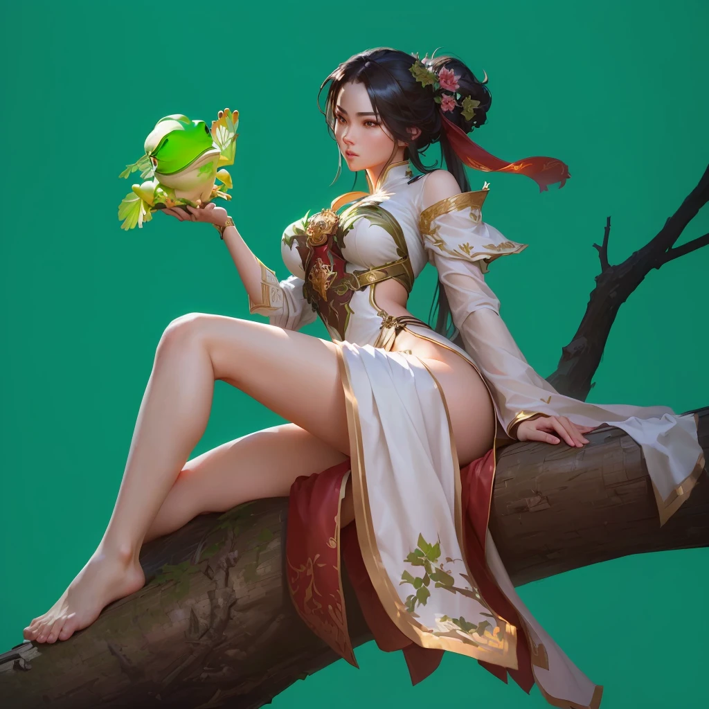 There was a woman sitting on a branch，Holding a green frog in his hands, Ruan Jia and Artgerm, Popular on cgstation, Kushat Krenz Key Women in Art, Artwork in the style of Guweiz, Fantasy art style, Beautiful fantasy queen, Artgerm and Ruan Jia, 2. 5D CGI anime fantasy artwork