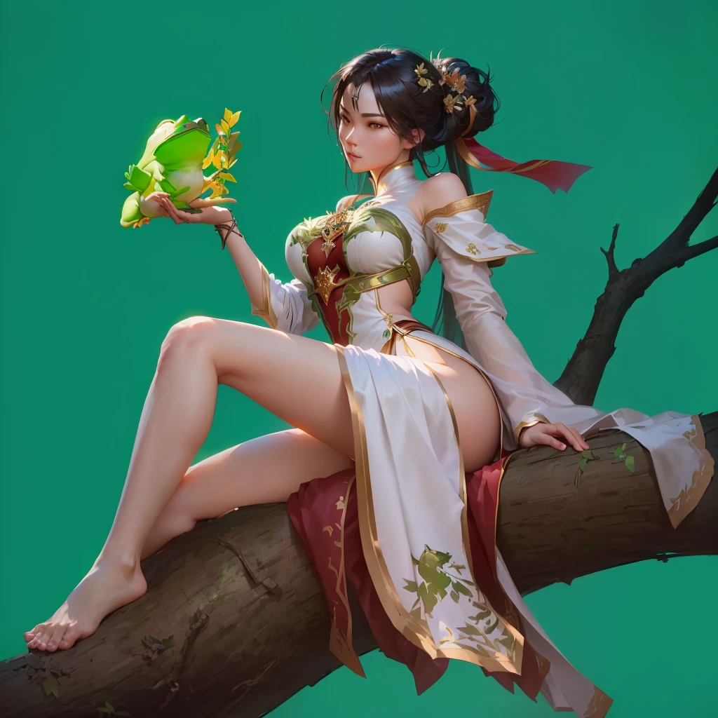 There was a woman sitting on a branch,Holding a green frog in his hands, Ruan Jia and Artgerm, Popular on cgstation, Kushat Krenz Key Women in Art, Artwork in the style of Guweiz, Fantasy art style, Beautiful fantasy queen, Artgerm and Ruan Jia, 2. 5D CGI anime fantasy artwork