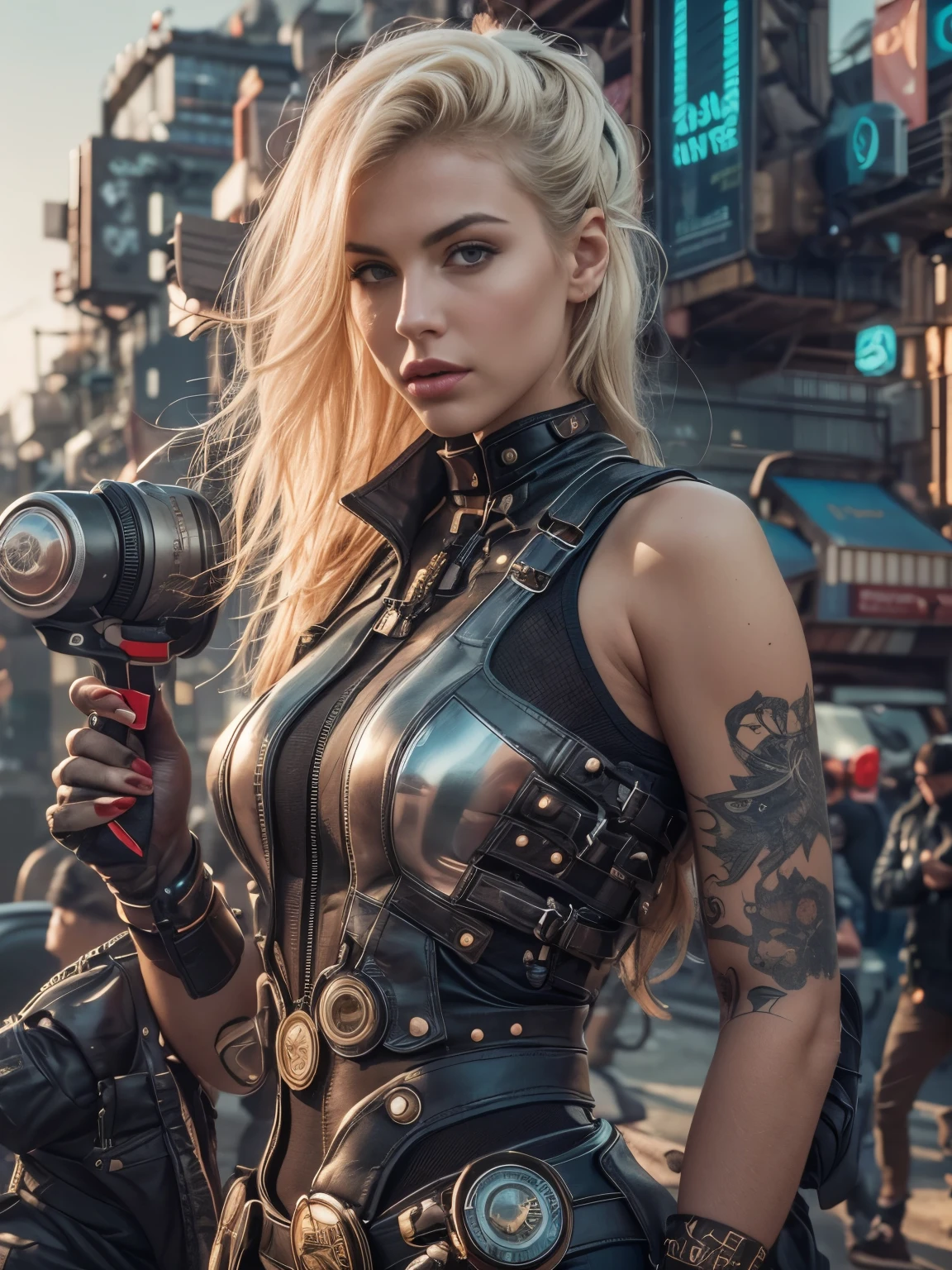 1 ultra hot gorgeous European Cyberpunk woman. Age 23. Blonde hair. cowboy shot, NSFW,  futuristic, mechanical aesthetics, complex machinery, high-tech futuristic Cyberpunk city in the background, virtual engine 5, cinematic lighting.