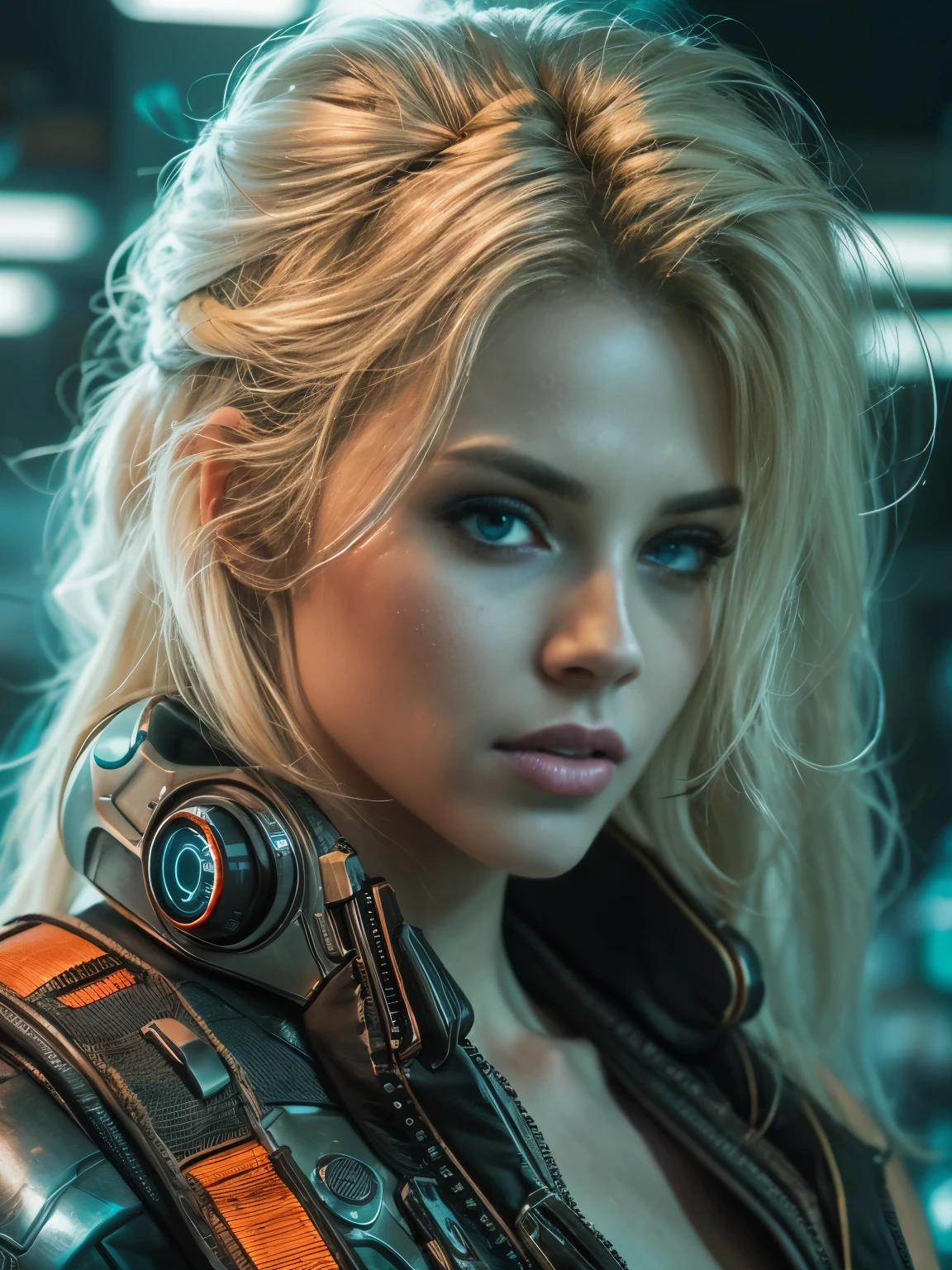 1 ultra hot gorgeous European Cyberpunk woman. Age 23. Blonde hair. cowboy shot, NSFW,  futuristic, mechanical aesthetics, complex machinery, high-tech futuristic Cyberpunk city in the background, virtual engine 5, cinematic lighting.