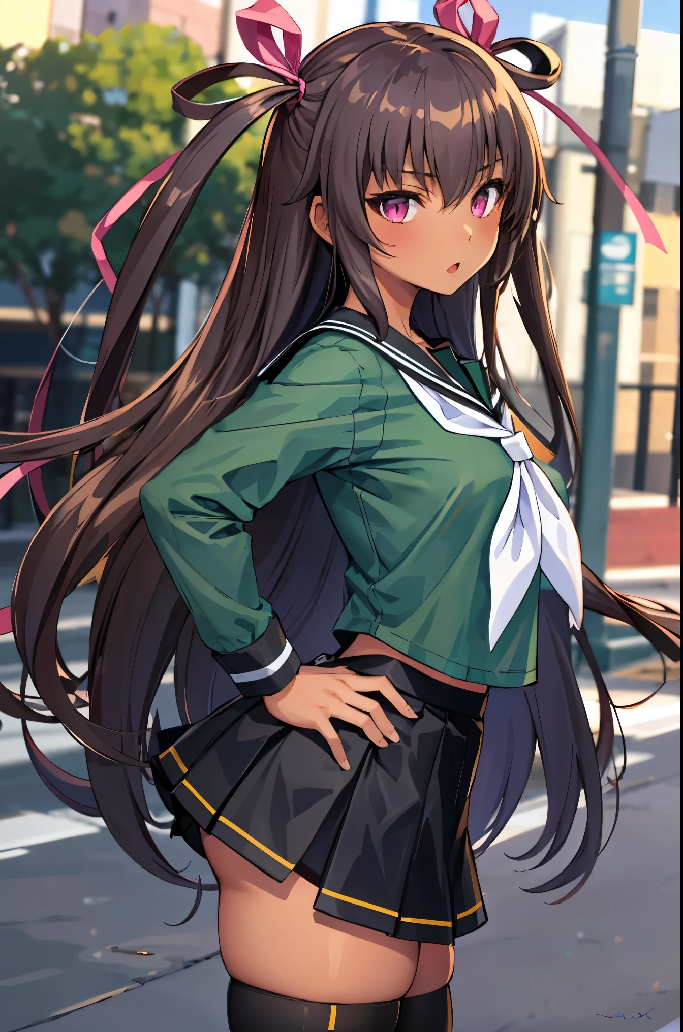 (masterpiece,best quality, detailed), 1girl, solo, outdoors, day, street, hand on hip, :o, from side, looking at viewer,
mizuki yukikaze, hair ribbon, , green shirt, serafuku, pleated skirt, black skirt, black thighhighs, (white neckerchief), long sleeves,