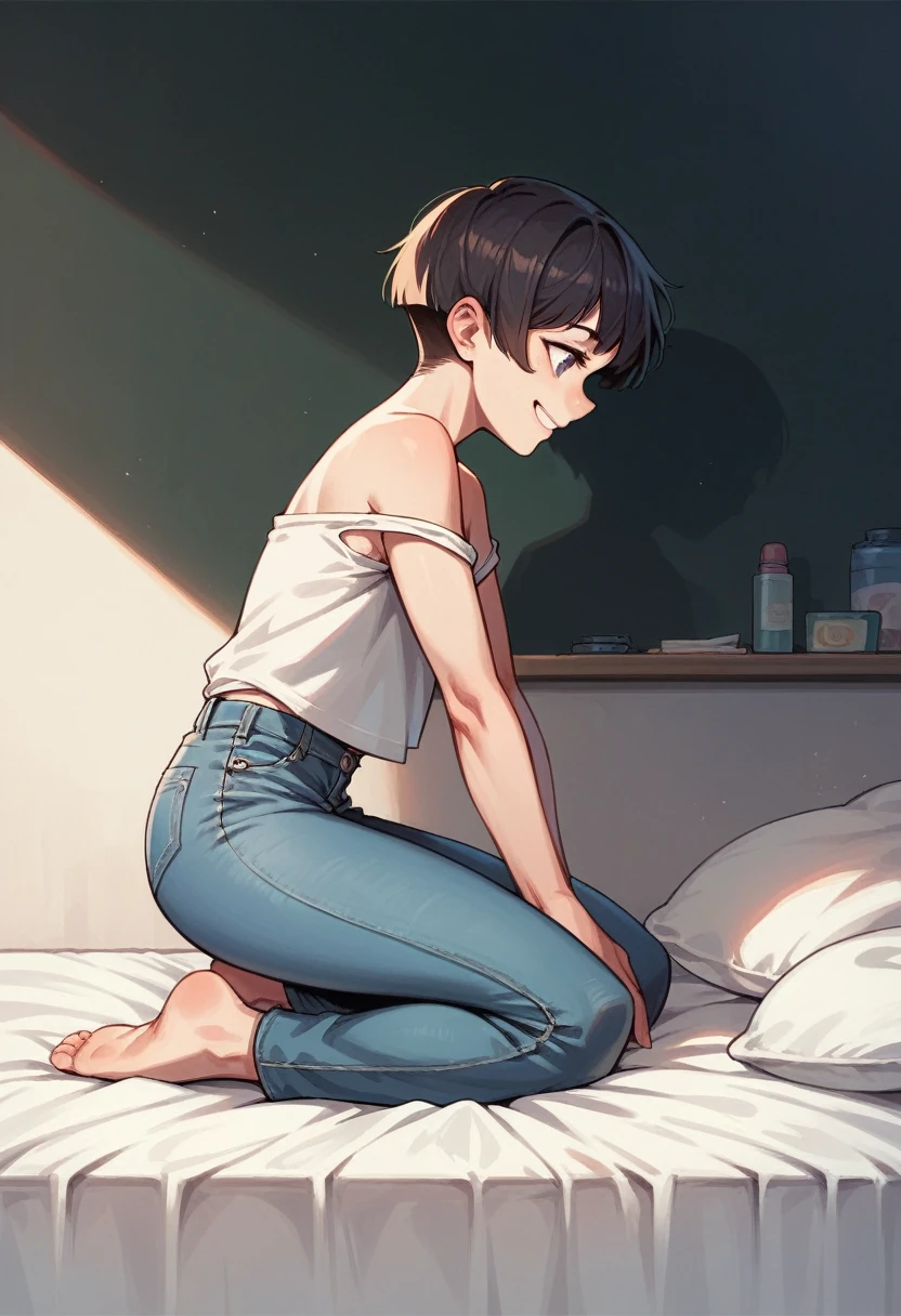 short hair woman, jeans, bare shoulders, kneeling bedore a kid, black board, cartoon style, smile, side view