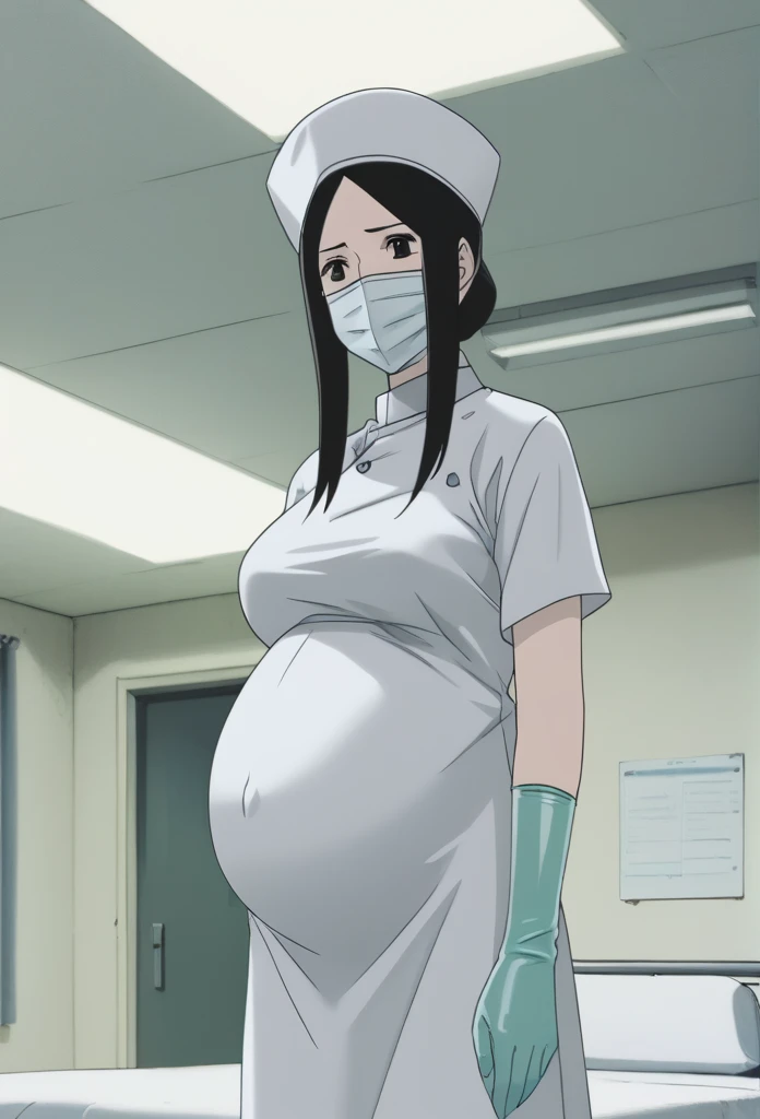score_9, score_8_up, score_7_up, source_anime, raw image, masterpiece, highest quality, natural light, patient room background, kasuganoray, good shape, pale skin, worried eyes, big breasts, scrubs, surgical mask, surgical cap, long sleeve maternity dress,
1girl, pregnant, solo, long rubber gloves, looking down, furrowed brow, hospital bed, standing